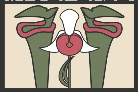 The logo of the podcast "In Defense of Plants". The logo is an artistic rendering of two pitcher plants with an orchid in the middle. The words "In Defense" are at the top and "Of Plants" is at the bottom.