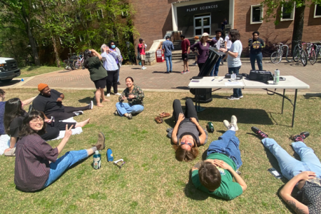 PBIO students, faculty, and staff viewing the eclipse